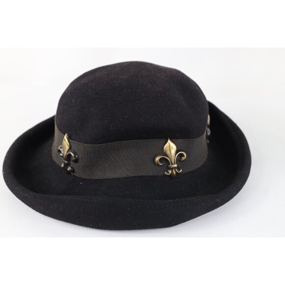 Vintage 90s Express Felt Wool Fleur de Lis Boho Chic Hat Cap Black Womens 23\